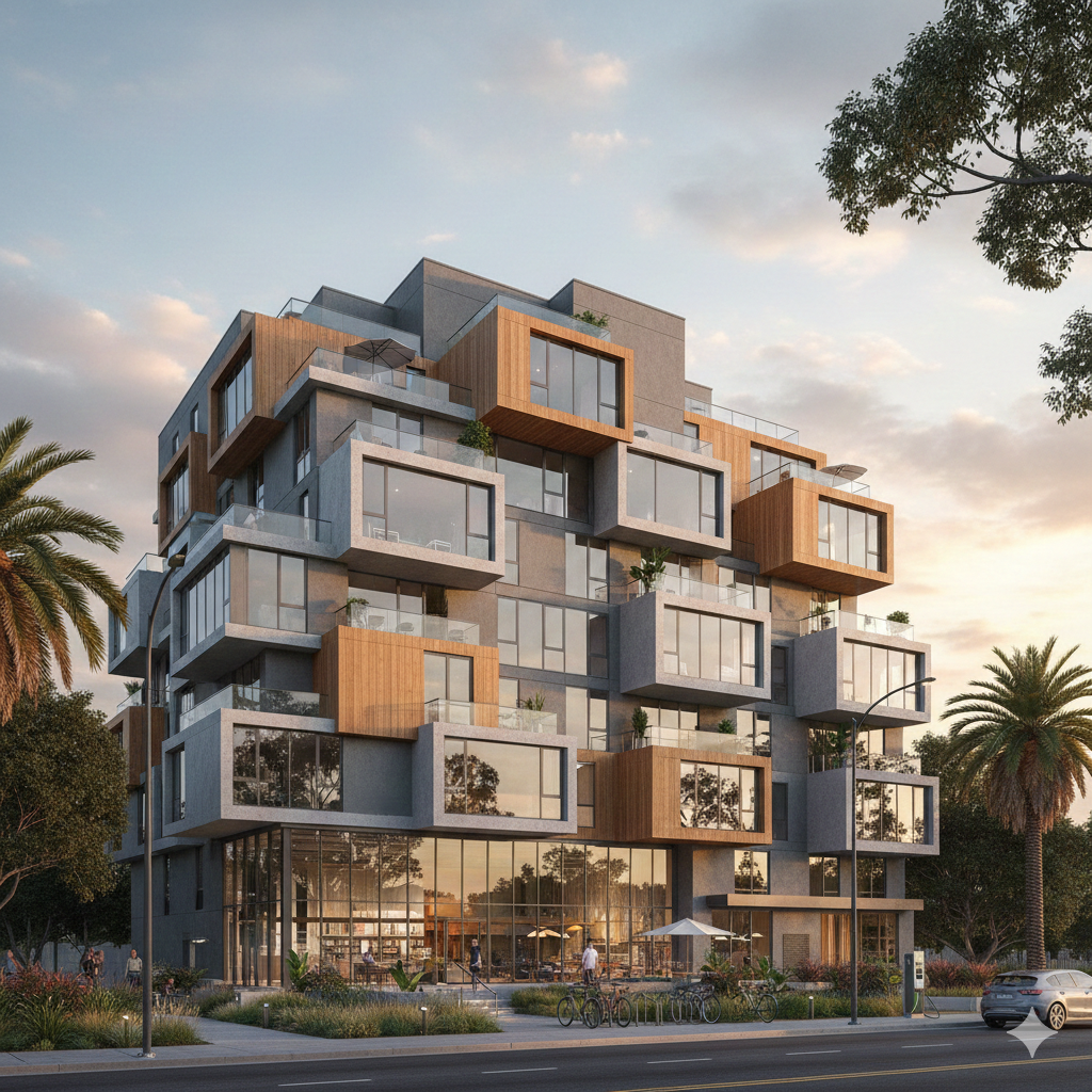 Conceptual rendering of Urban Green Haven eco-friendly residential building.